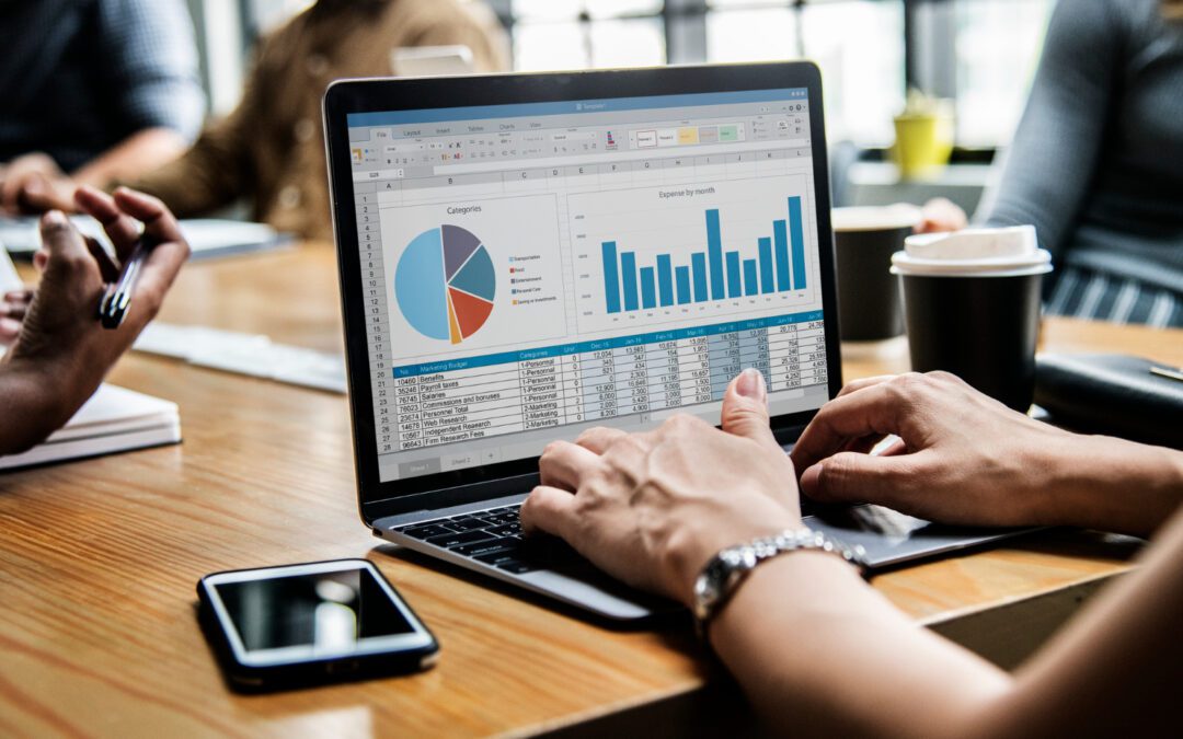 A person sits at a wooden table and uses a laptop that displays charts and graphs.